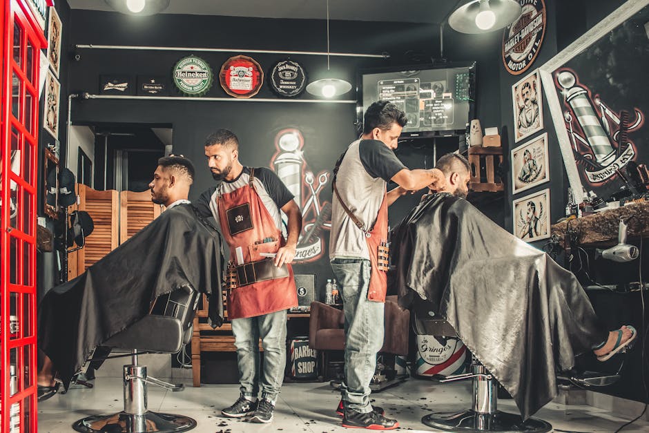 A bustling barbershop with two men getting haircuts, showcasing a vibrant barber environment