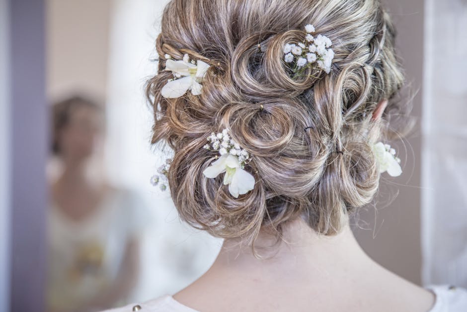 Close-up of an elegant bridal hairstyle featuring delicate white flowers, perfect for a wedding day